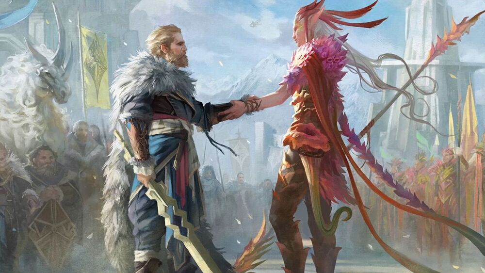 An Elf and Human shakes hands as they unite their forces.
