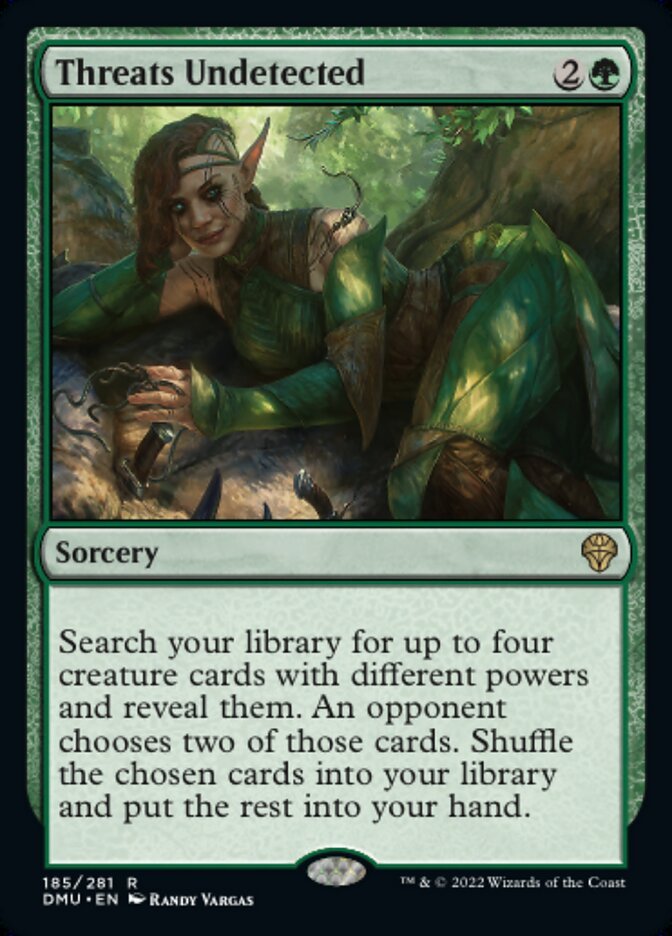 Threats Undetected {2}{G}

Sorcery

Search your library for up to four creature cards with different powers and reveal them. An opponent chooses two of those cards. Shuffle the chosen cards into your library and put the rest into your hand.