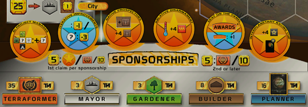The sponsorships module set up over the Terraforming Mars board.